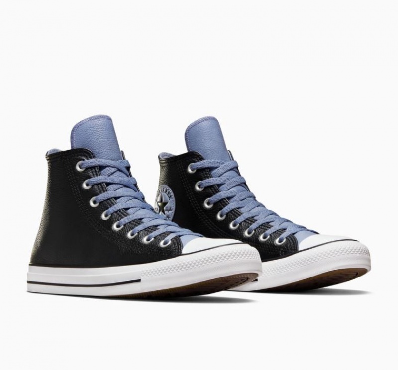 Női Converse Chuck Taylor All Star Leather Magasszárú Tornacipő Fekete Kék | HUNGARY QWD6BP