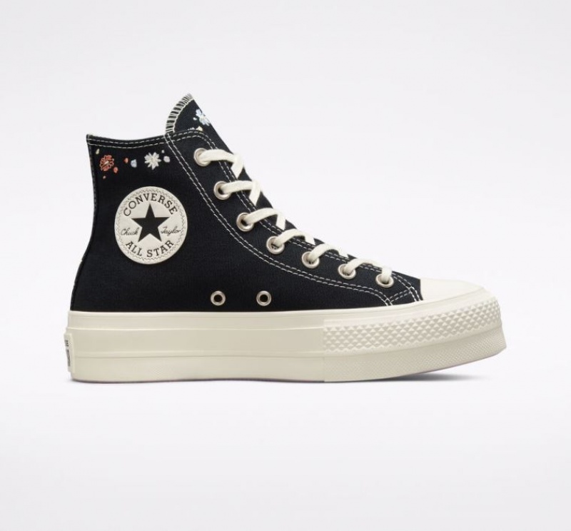 Női Converse Chuck Taylor All Star Lift Embroidered Floral Platform Cipő Fekete | HUNGARY QTG3LR